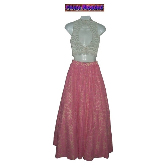 Studio 17 Dress Prom Crochet Crop Top Lace Tulle Skirt Pink Boho Carrie Bradshaw - Picture 5 of 15